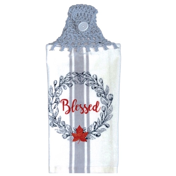 HAND CRAFTED Gray Crocheted Top Blessed Hanging Kitchen or Bathroom Hand Towels - Picture 3 of 7